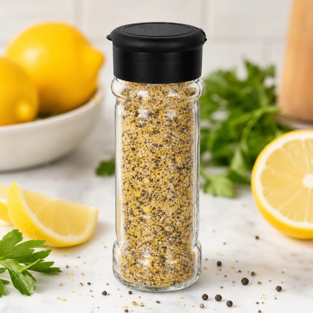 Pot à sel/épices 100 ml avec saupoudreuse, noir Gefülltes Salz-Streuglas 100ml aus Glas mit schwarzem Deckel neben Zitronenscheiben