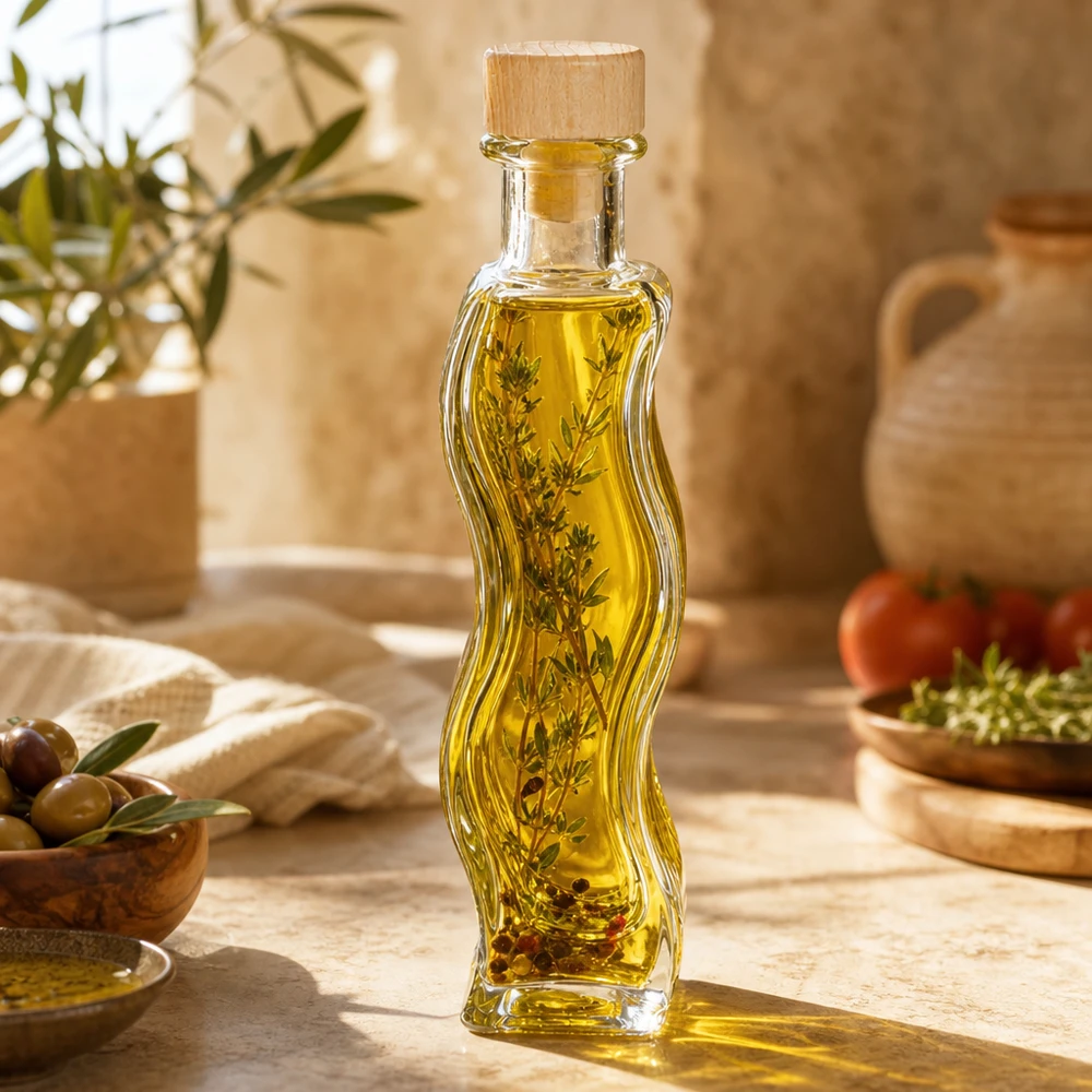 Flacone in vetro da 100 ml Melissa con tappo in sughero con impugnatura in legno UNiTWIST® Bottiglia di vetro da 100 ml di Melissa riempita di olio alle erbe rametti di rosmarino Cucina mediterranea olio d'oliva tappo di legno olio alle spezie