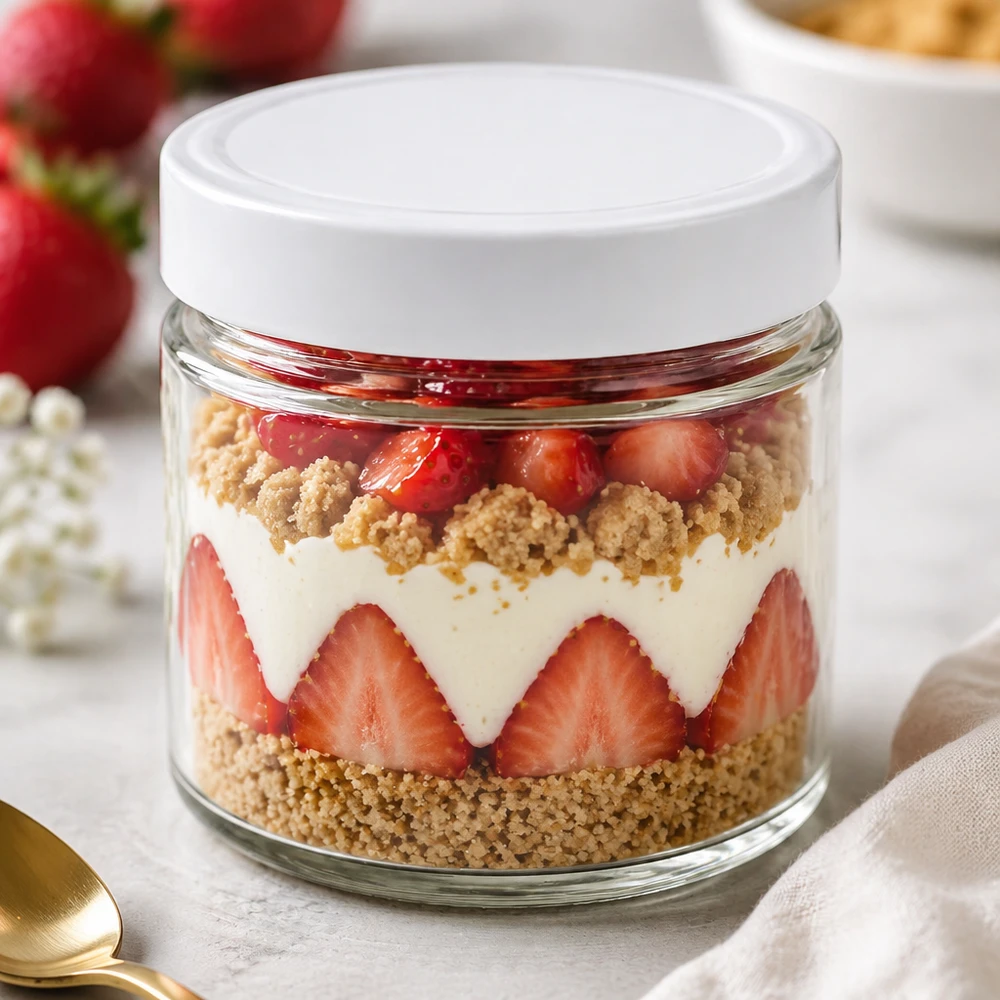 135ml Rundglas + BasicSeal Deckel weiß deep UNiTWIST 135ml Rundglas BasicSeal Deckel weiß Dessertglas Schichtdessert Erdbeeren Sahne Crumble Tiramisu Nachtisch