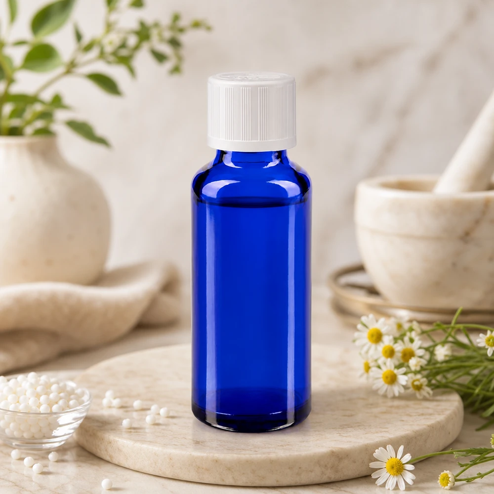 Apothekenflasche blau 30ml Schraubverschluss weiß Kindersicherung Standard Lichtschutzflasche aus blauem Glas 30ml mit kindersicherem Verschluss und Kamillen