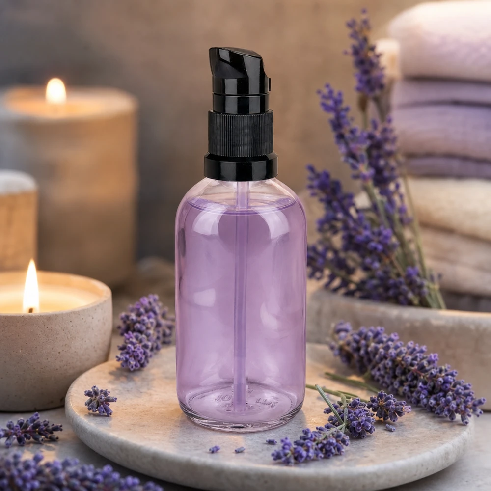 Flacone con dosatore alla lavanda da 100 ml, contenuto viola, dosatore nero, flacone cosmetico ClearLine UT18