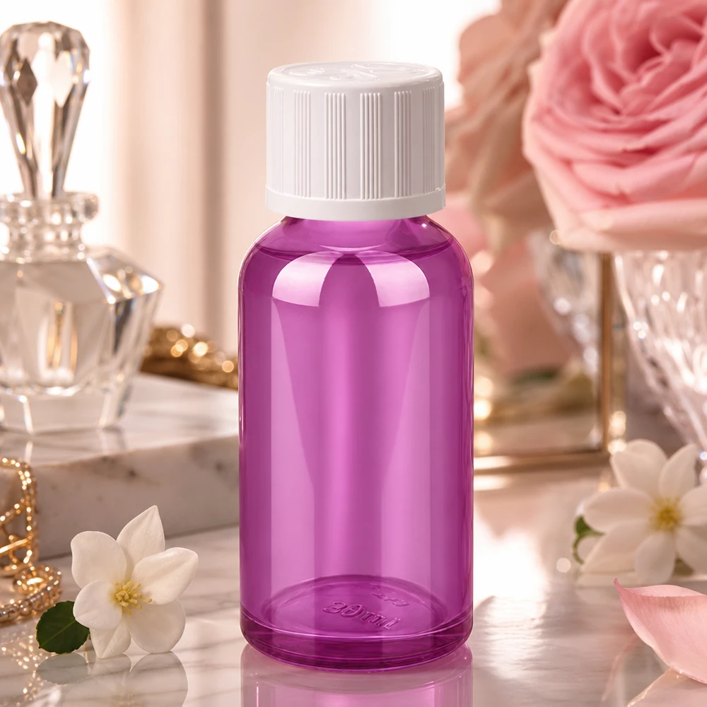 30ml Flasche 11mm Schraubverschluss weiß Standard Kindersicher PurpleLine UT18/30 Hochwertige 30ml Glasflasche in Purple mit KiSi-Verschluss für sichere Produktlagerung
