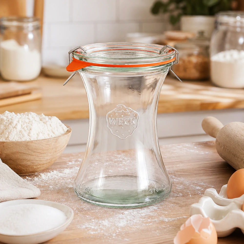WECK barattolo da gastronomia 370ml RR80 vuoto in cucina con ingredienti da forno farina uova utensili in legno ambiente cucina