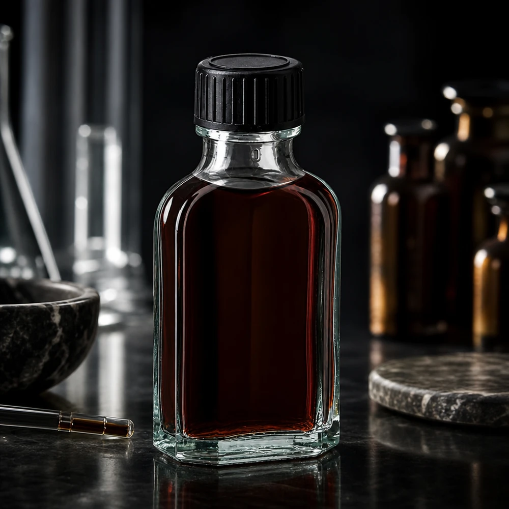 Tappo a vite trasparente Meplat da 50 ml con disco di tenuta LKD Flacone di vetro Meplat da 50 ml con contenuto marrone scuro e tappo a vite nero in laboratorio
