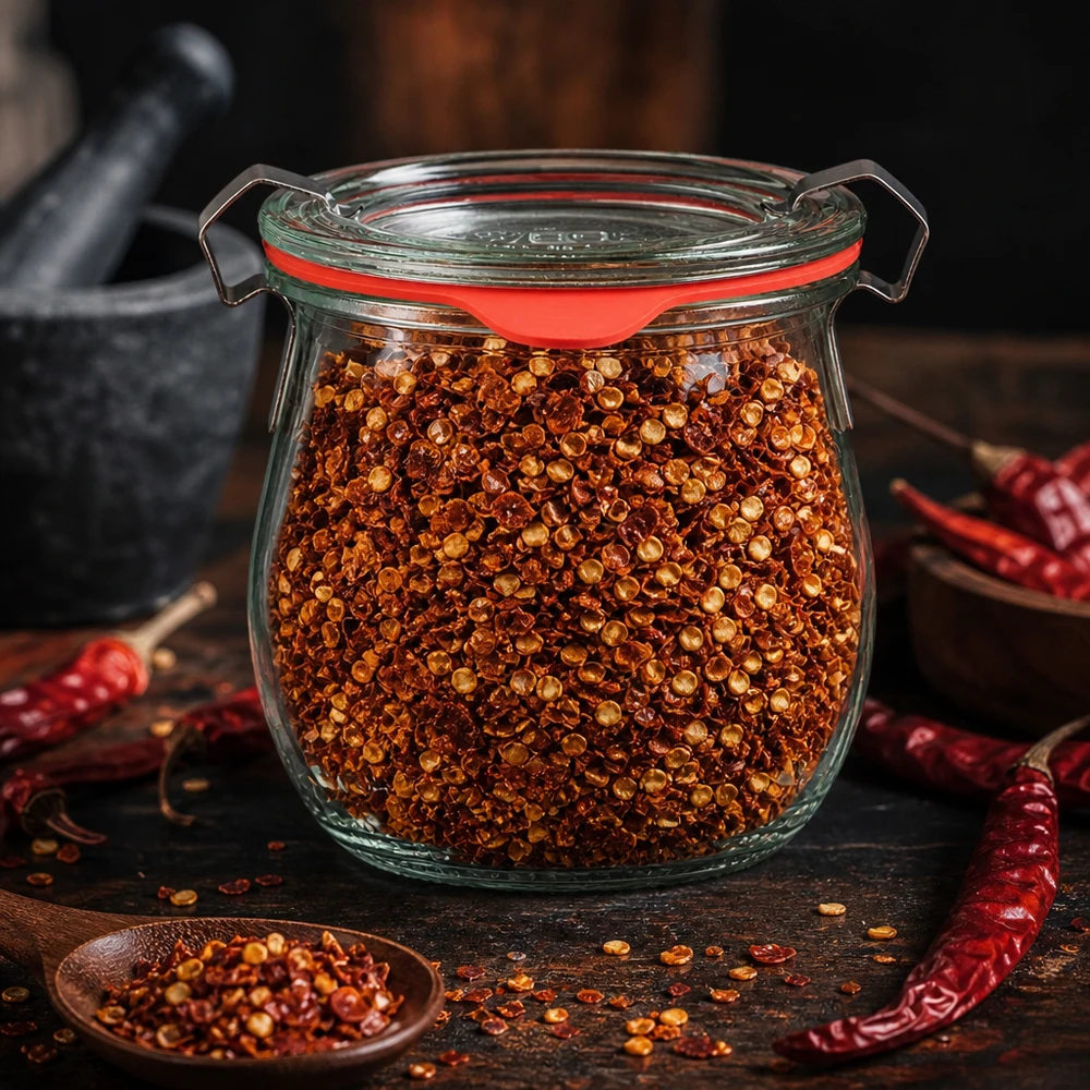 Idea barattolo per spezie: WECK mini barattolo a tulipano 220ml Barattolo WECK ermetico da 220 ml, fiocchi di peperoncino, conservazione delle scorte, coperchio a clip, guarnizione in gomma rossa, cucina