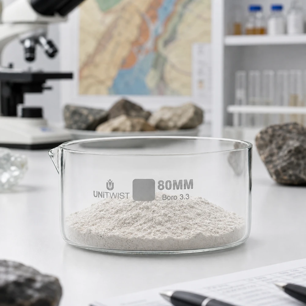 Cristallisoir ø80mm verre borosilicaté UNiTWIST Coupelle de cristallisation de 80 mm contenant de la poudre blanche, posée sur une paillasse de laboratoire à côté d'échantillons de roches UNiTWIST