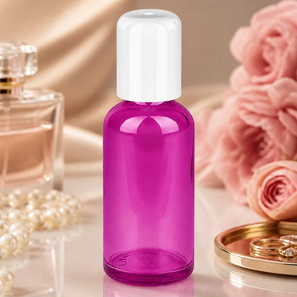Flacone roll-on 50ml viola trasparente con design ergonomico da viaggio