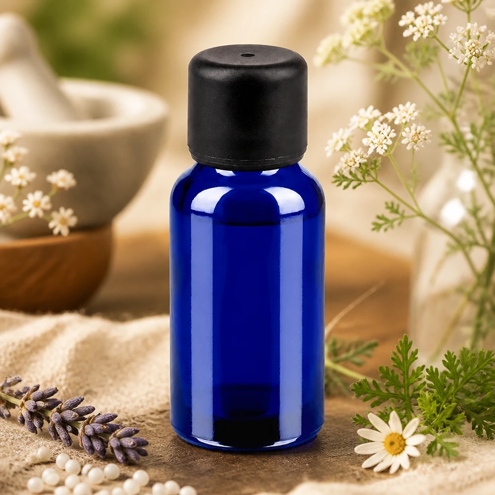 20ml Flasche 6mm Schraubverschluss schwarz Standard BlueLine UT18/20 Vielseitige 20ml Glasflasche mit 6mm Öffnung und schwarzem Verschluss für Aromatherapie