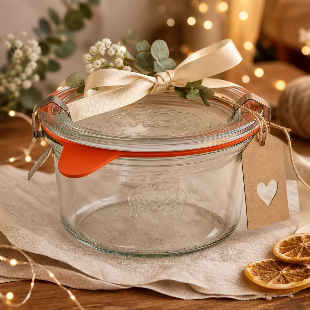 165ml Sturzglas komplett WECK RR80 WECK Sturzglas 165ml RR80 als Geschenk dekoriert mit Schleife, Anhänger und Blumen auf festlichem Tisch