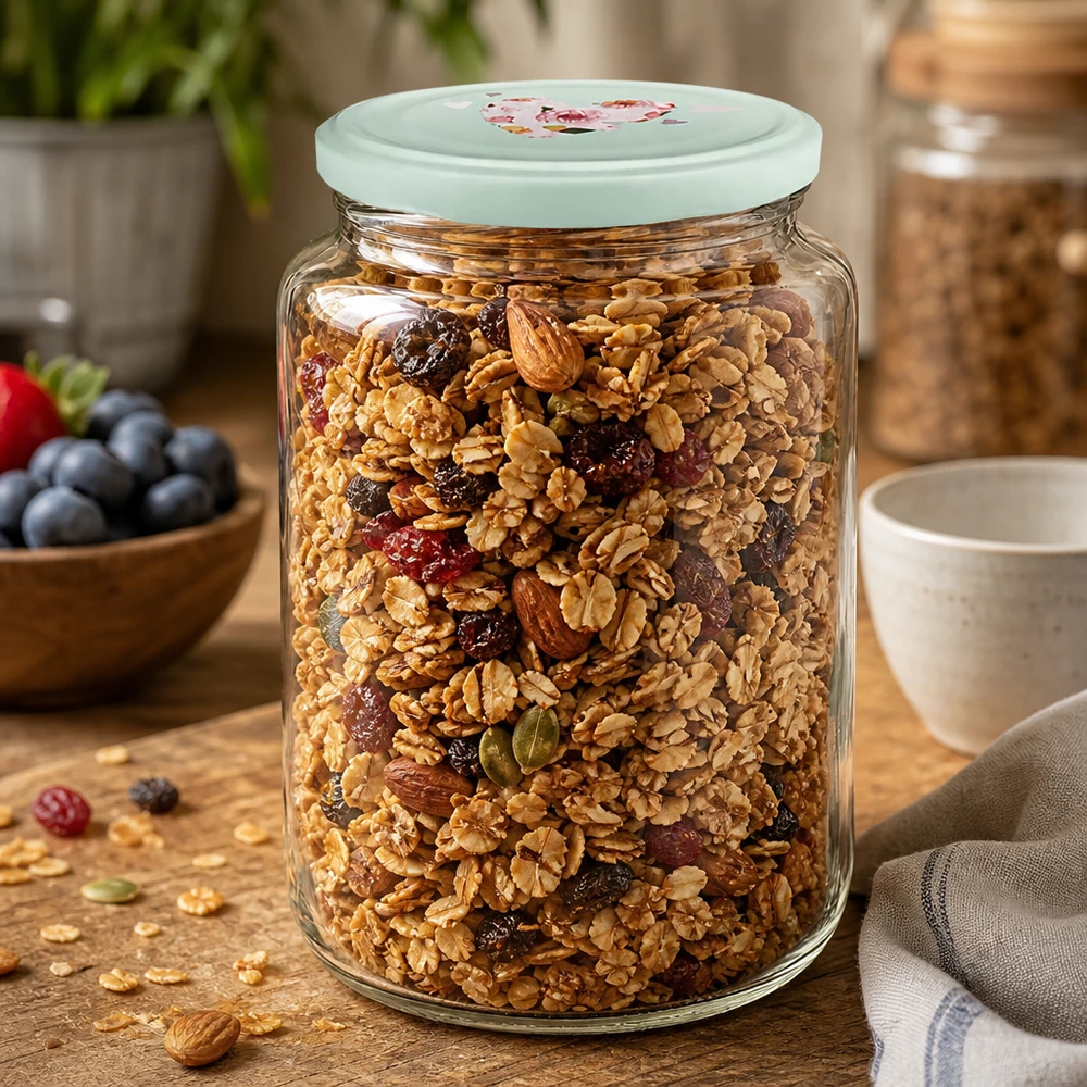 Il barattolo rotondo da 795 ml, riempito con muesli e frutta secca, mostra il coperchio a forma di cuore di menta come pratico barattolo per cereali