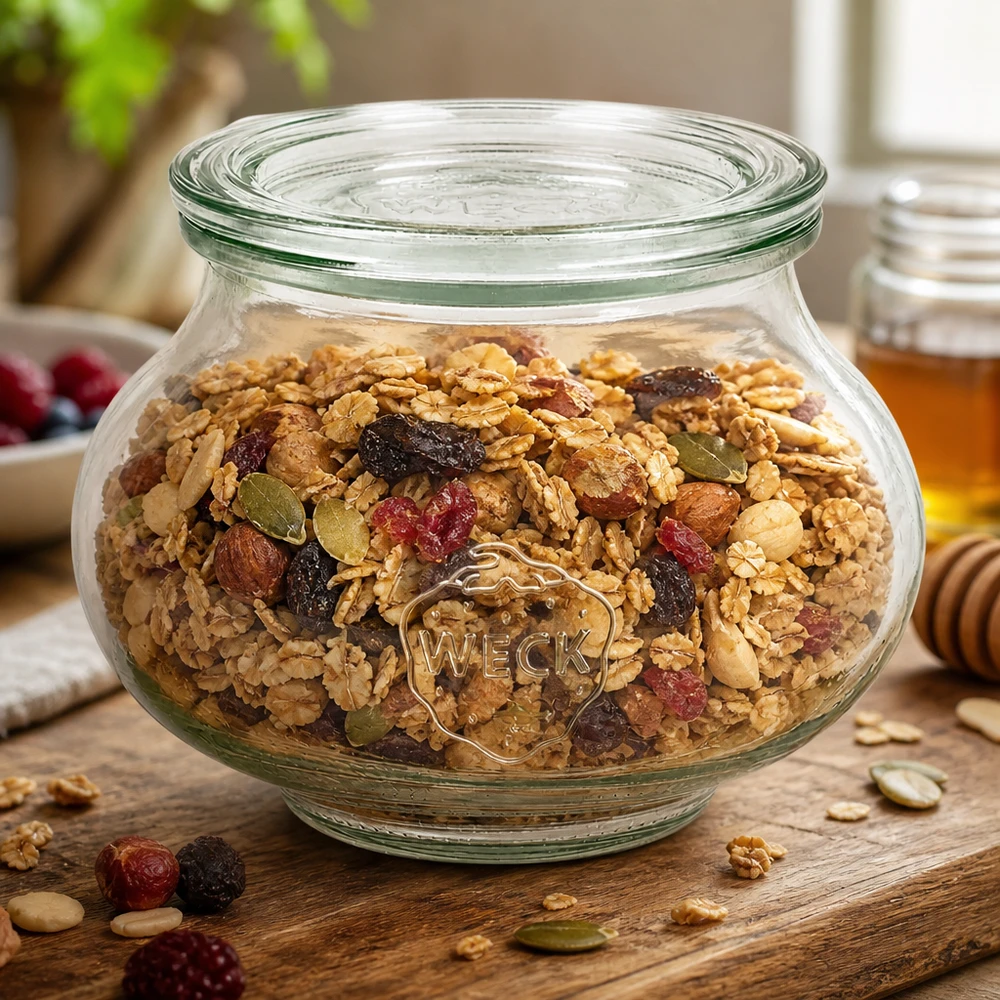 Barattolo decorativo da 560 ml con coperchio in vetro WECK RR80 Vaso decorativo WECK da 560 ml RR80 con muesli fatto in casa, noci e frutta secca, come contenitore su un tavolo di legno
