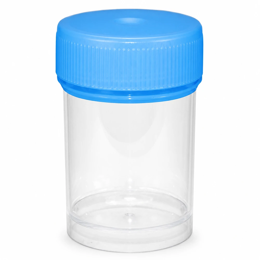 Pot en plastique multiusage de 20 ml Récipient universel pour échantillons de 20 ml en plastique transparent avec couvercle bleu, destiné aux laboratoires