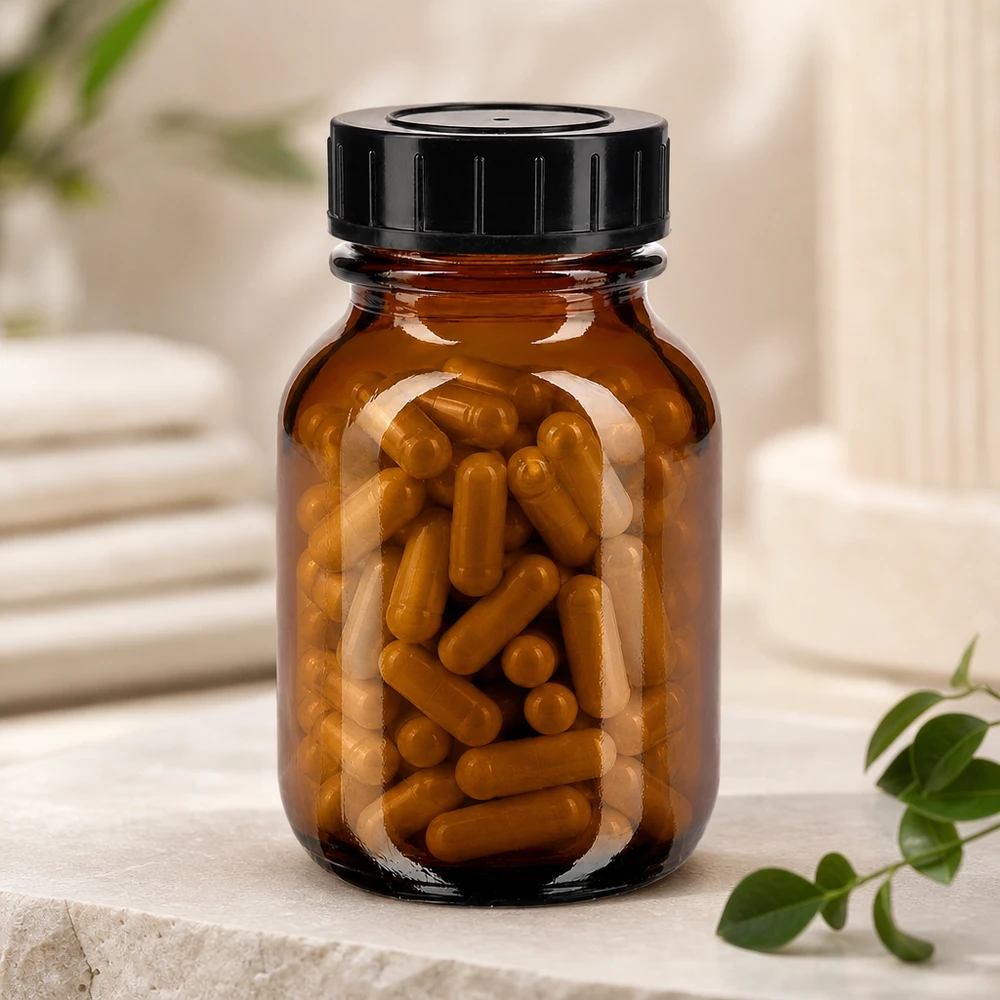 Bottiglia in vetro ambrato da 50 ml con ampia apertura e tappo nero per un facile riempimento