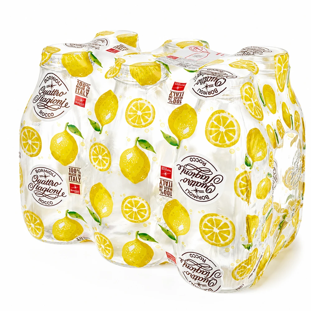 Confezione da 6 bottiglie di vetro Quattro Stagioni da 1000 ml avvolte in carta stagnola, bottiglie di latte Bormioli Rocco con motivo a limone