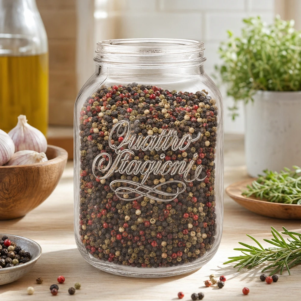 Vaso da 3000ml per uso domestico "Quattro Stagioni Vaso domestico Quattro Stagioni da 3000 ml pieno di grani di pepe colorati in una cucina moderna con erbe e spezie