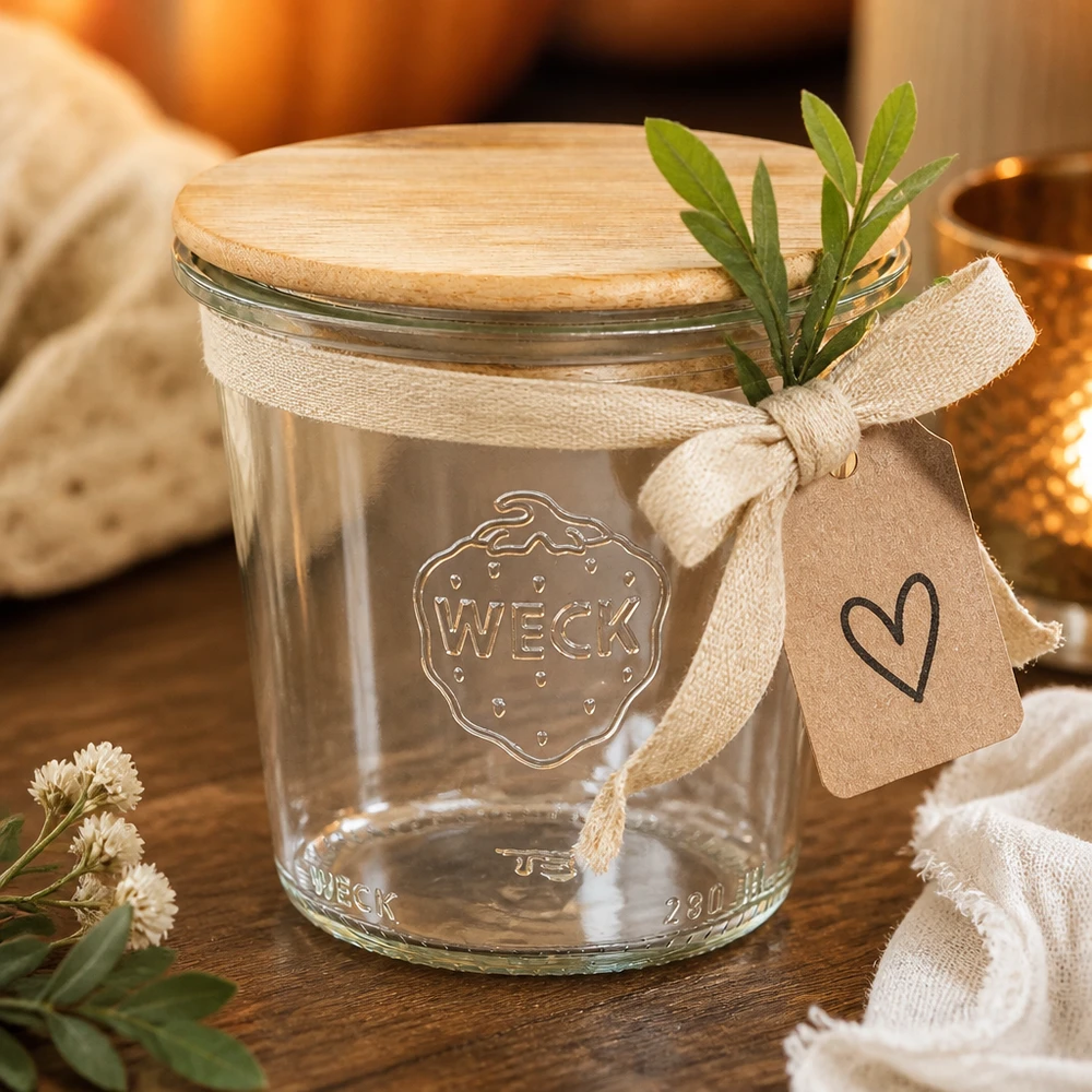 290ml Sturzglas hoch WECK RR80 mit Holzdeckel WECK Sturzglas 290ml RR80 mit Bambusdeckel und Geschenkanhänger als Dekoration mit Kräutern und Stoffband