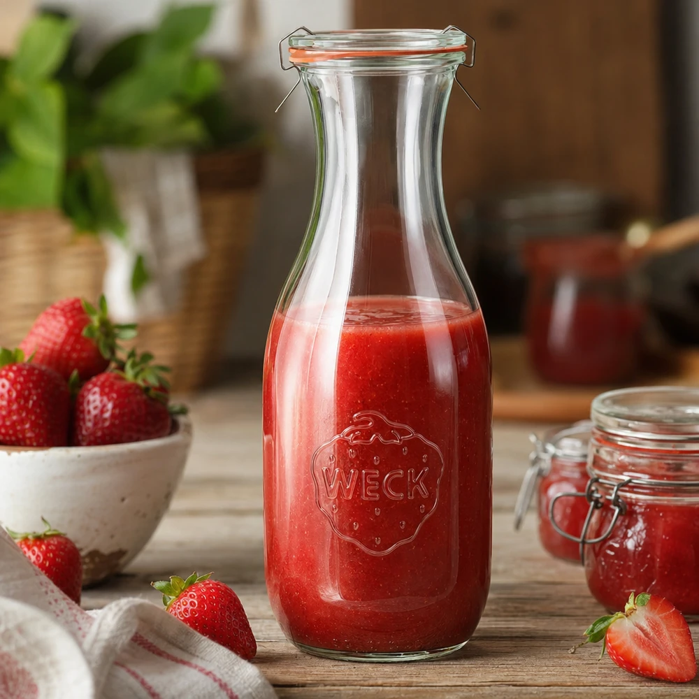 Bottiglia per succhi da 1062 ml, set completo WECK RR60 Bottiglia di succo WECK 1062ml RR60 riempita di succo di fragola rossa disposta in modo decorativo in cucina con fragole fresche