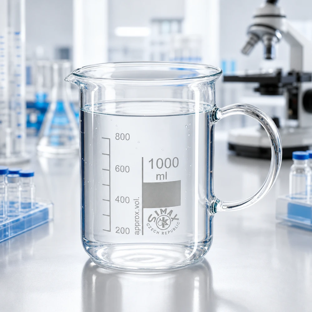 Bicchiere di vetro trasparente da 1000 ml con manico, pieno d’acqua, su un piano di lavoro bianco da laboratorio