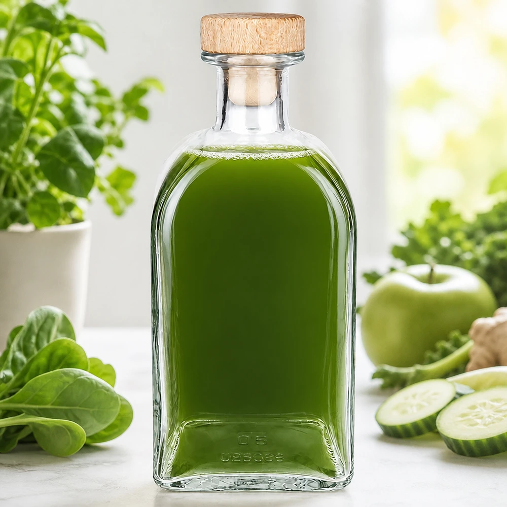 Flacone farmaceutico da 500 ml Julia con tappo in sughero con impugnatura in legno UNiTWIST® Bottiglia in vetro Julia da 500 ml con tappo in legno riempita di frullato verde circondato da verdure ed erbe fresche