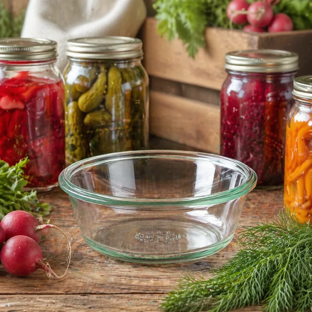Barattolo da 300 ml WECK RR120 WECK RR120 vaso gourmet da 300 ml in una cucina rustica con barattoli per la conservazione e verdure fresche come scatto di stile.