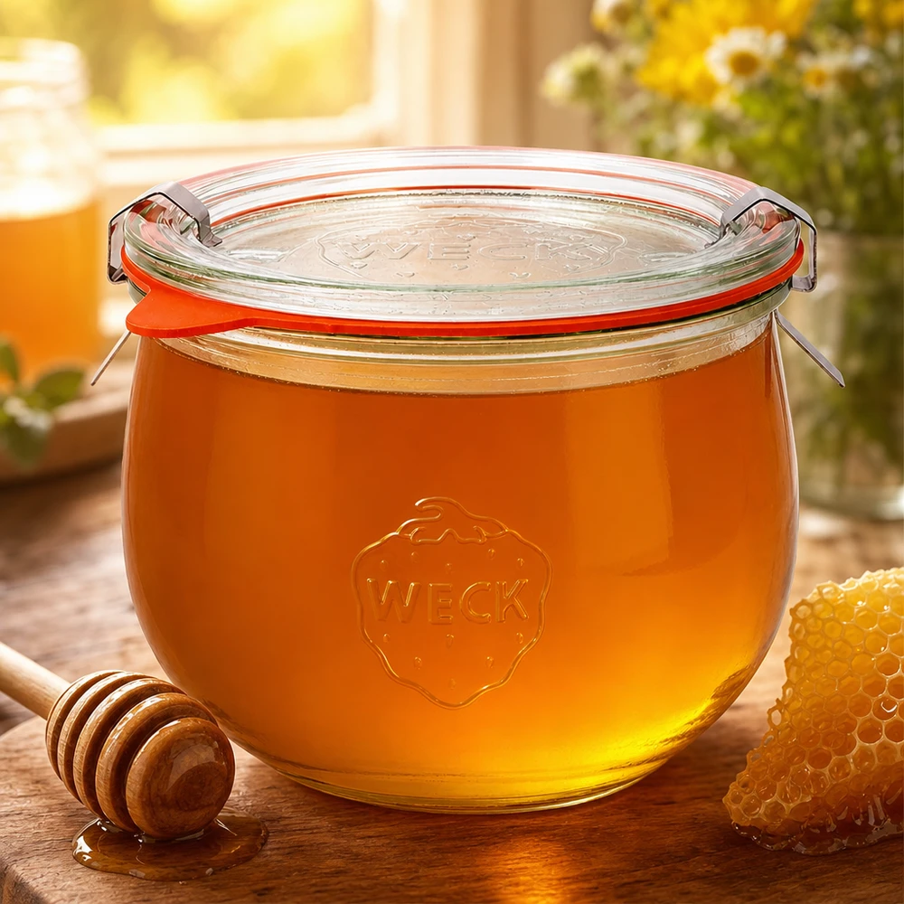 Vaso per tulipani da 580 ml completo WECK RR100 Vaso a tulipano WECK da 580 ml RR100 riempito di miele dorato accanto a un cucchiaio e a un nido d'ape come contenitore di dolci naturali