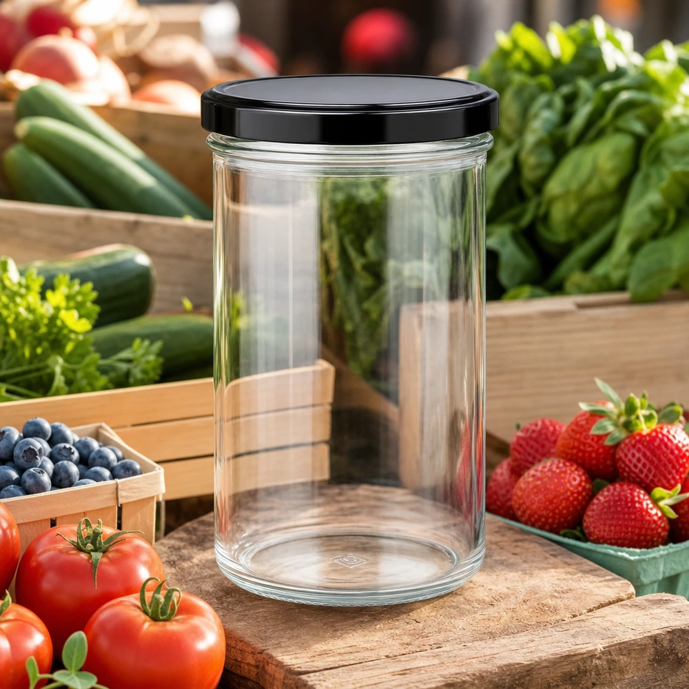 277ml Sturzglas mit BasicSeal Deckel schwarz UNiTWIST 277ml Sturzglas leer transparent mit schwarzem Deckel umgeben von frischem Obst und Gemüse Einkochen Konservieren