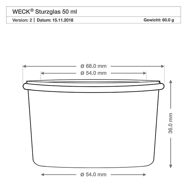 Set di 48 tumbler Weck da 50 ml con 48 coperchi di vetro, 48 WECK 50ml tumblers RR60 disegno tecnico con dimensioni - diametro 68mm, altezza 36mm per vasetti di conservazione