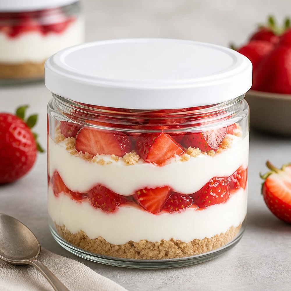 Bicchiere rotondo bianco BasicSeal da 540 ml come bicchiere da dessert con tiramisù alla fragola - elegante bicchiere da porzione per dessert