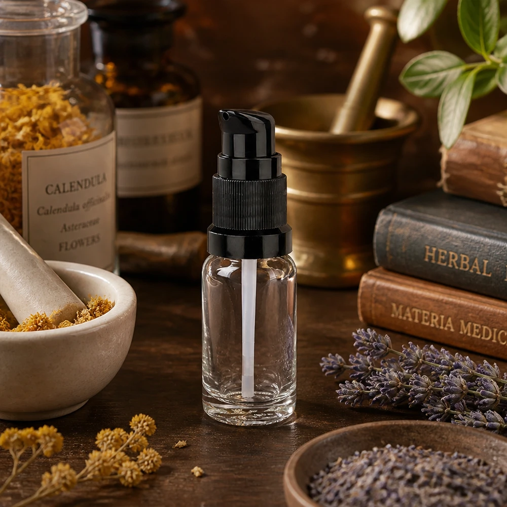 10ml Pumpflasche schwarz Standardverschluss ClearLine UT18/10 Durchsichtige 10ml Flasche mit schwarzem Pumpaufsatz zwischen getrockneten Heilkräutern