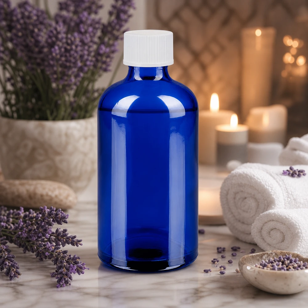 100ml Flasche 11mm Schraubverschluss weiß Standard BlueLine UT18/100 Vielseitige 100ml blaue Glasflasche mit weißem Schraubverschluss für DIY-Projekte und Mischungen