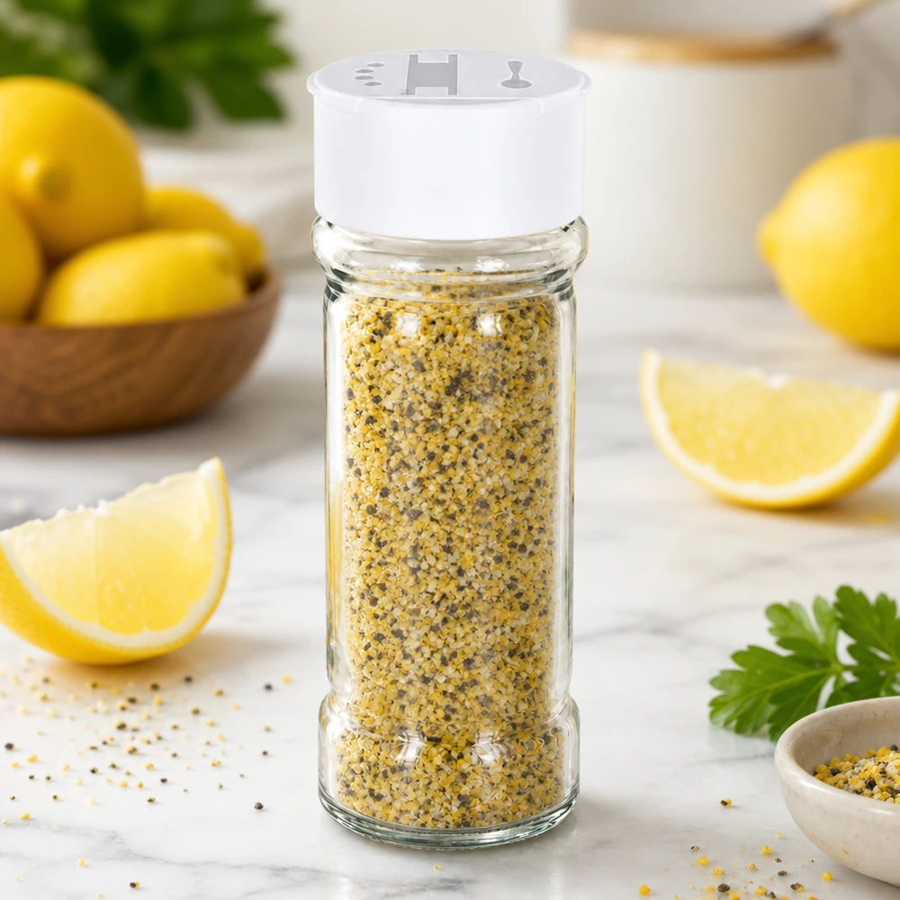 Pot à sel/épices 100 ml avec double saupoudreuse, blanc Nachfüllbares Gewürzglas 100ml mit Doppelstreuer für Salz-Pfeffer-Mischungen in Küchenumgebung