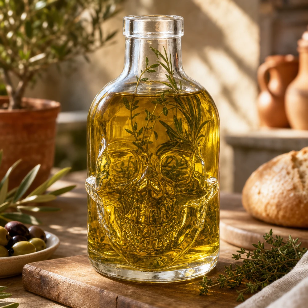 200ml Glasflasche "Jack" ohne Verschluss UNiTWIST Totenkopf Glasflasche 200ml Jack mit Kräuteröl befüllt dekorativ arrangiert auf Holzbrett Küchenszenerie