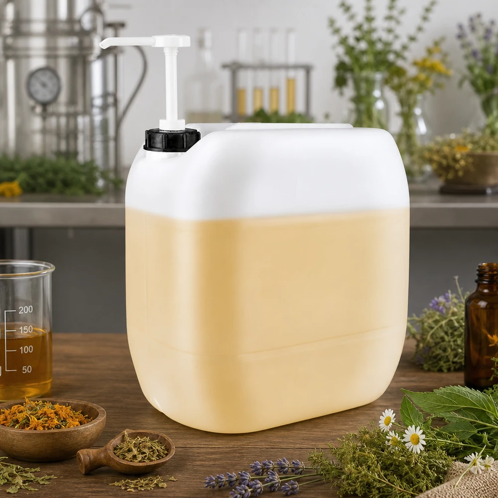 Kanister 30 Liter mit Dosierpumpe Großvolumiger Kanister mit goldgelbem Pflanzenextrakt und Dosierpumpe auf Holzoberfläche