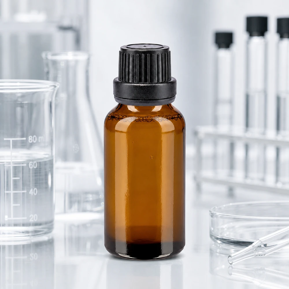 Klassische 20ml Medizinflasche aus Braunglas mit schwarzem Originalitätsverschluss schmal