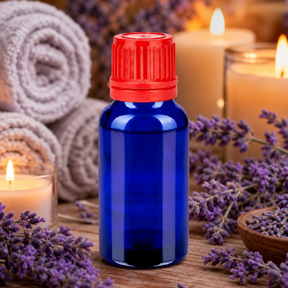 Flacone da 20ml 11mm SV rosso OV BlueLine UT18/20 Flacone da 20 ml in vetro blu con tappo rosso per aromaterapia e benessere