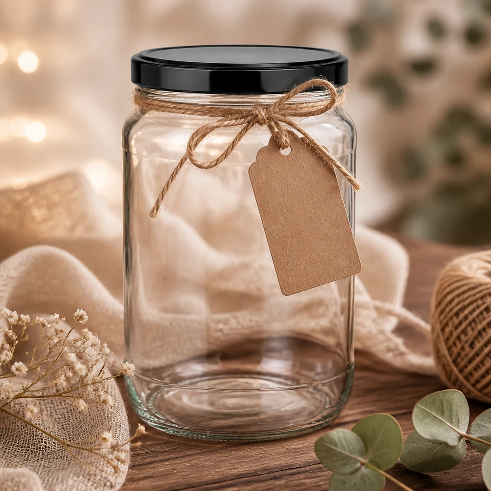 Vaso rotondo vuoto 1700ml nero BasicSeal coperchio rafia stringa carta kraft tag confezione regalo decorazione