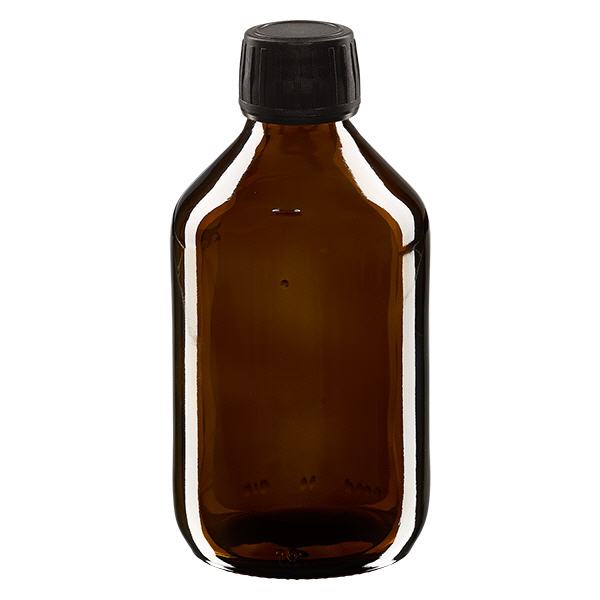 250ml Medizinflasche braun, Verschluss schwarz mit Originalitätsring ApoGlas