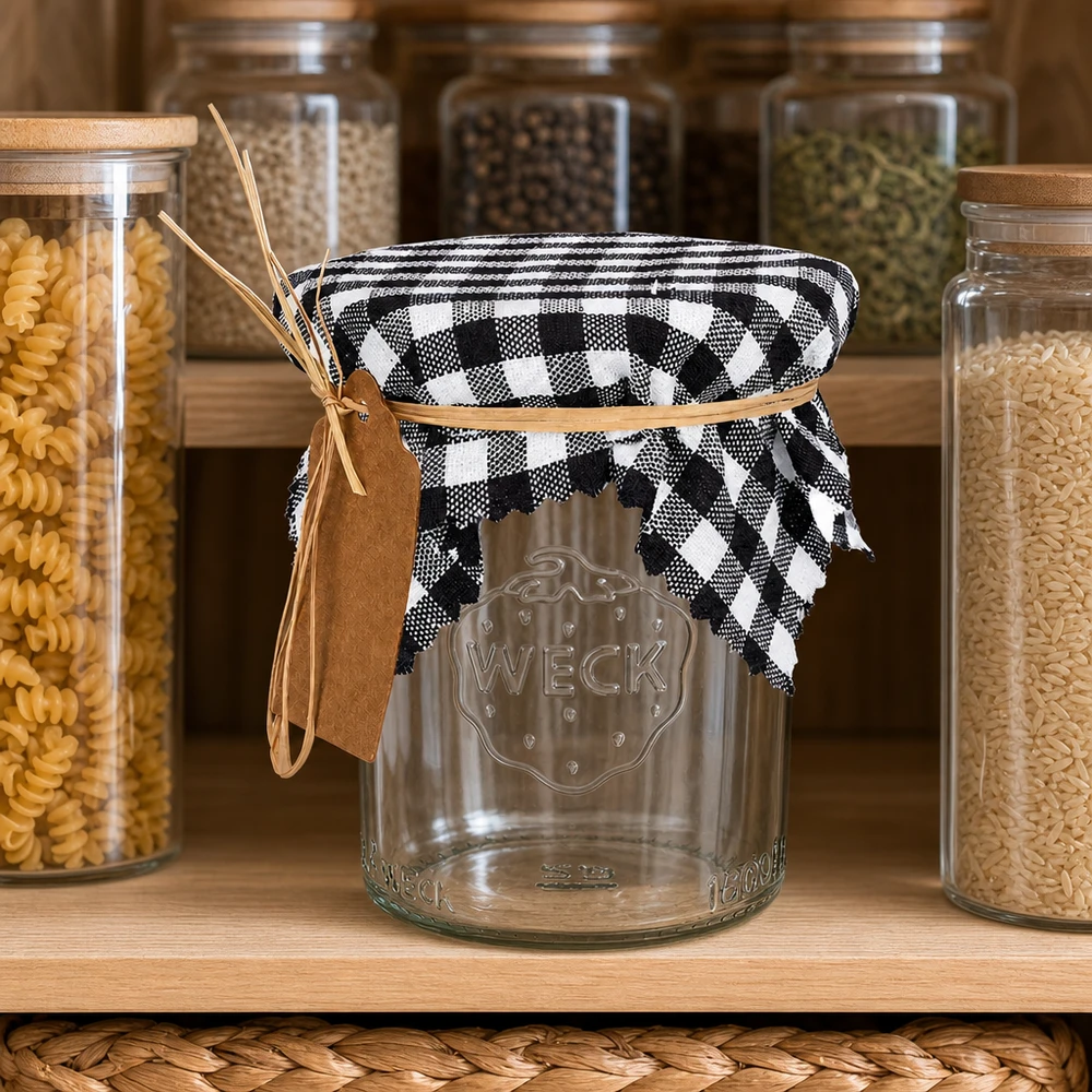 Centrino in tessuto per gioielli a quadretti neri 12 cm quadrati Centrino decorativo a scacchi in bianco e nero 12cm su barattolo di stoccaggio tra contenitori per la pasta, decorazione da cucina in stile country