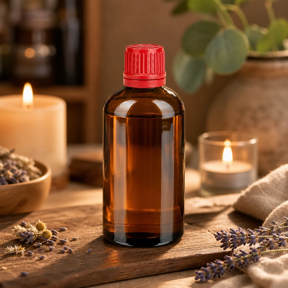 Flacone in vetro ambrato SV rosso da 100 ml - porzione ideale per cosmetici naturali ed estratti di piante medicinali