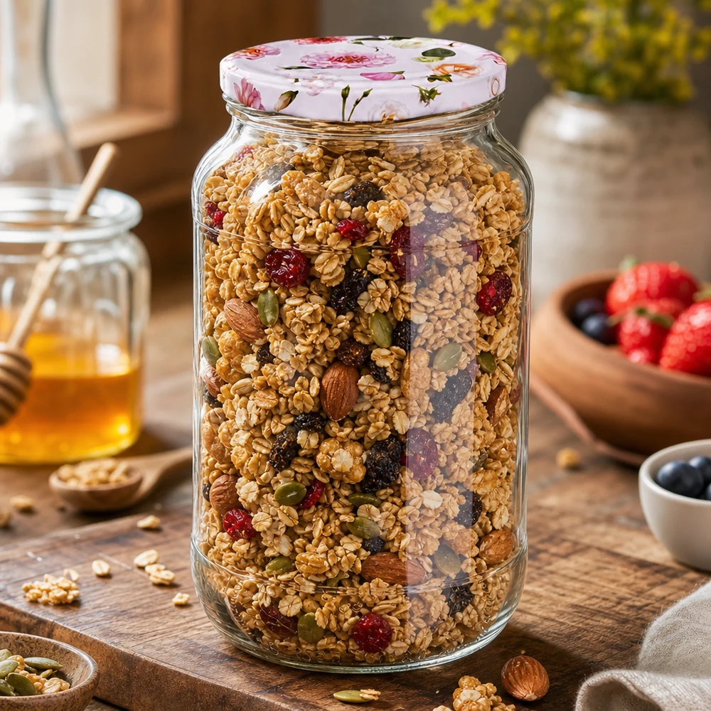 Barattolo da 1062 ml pieno di muesli Coperchio a fiore rosa BasicSeal perfetto per alimenti secchi Decorazione per la cucina