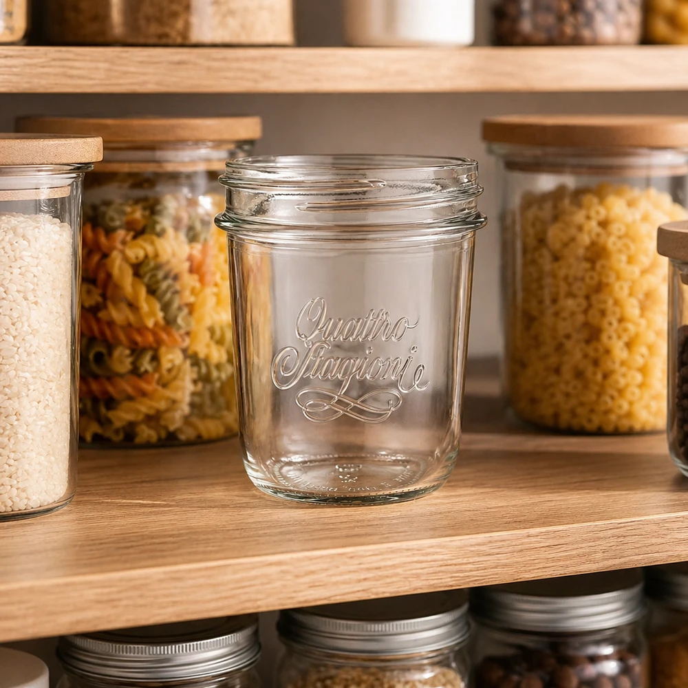 320ml Sturzglas "Quattro Stagioni" QS86mm 320ml Quattro Stagioni Sturzglas mit elegantem Logo auf Holzregal zwischen gefüllten Vorratsgläsern für Küche und Pantry