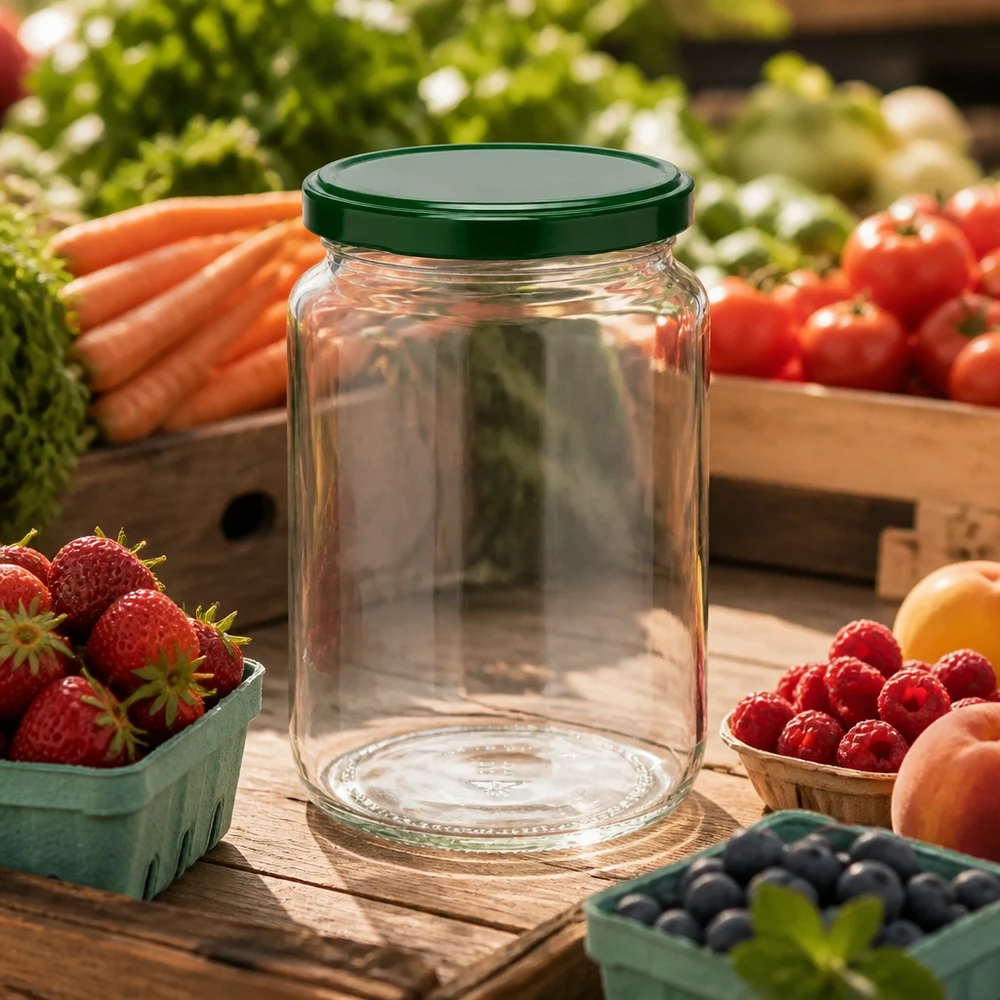 795ml Rundglas + BasicSeal Deckel grün UNiTWIST Leeres 795ml Rundglas UNiTWIST mit grünem Deckel umgeben von frischen Beeren, Obst und Gemüse auf Holzuntergrund