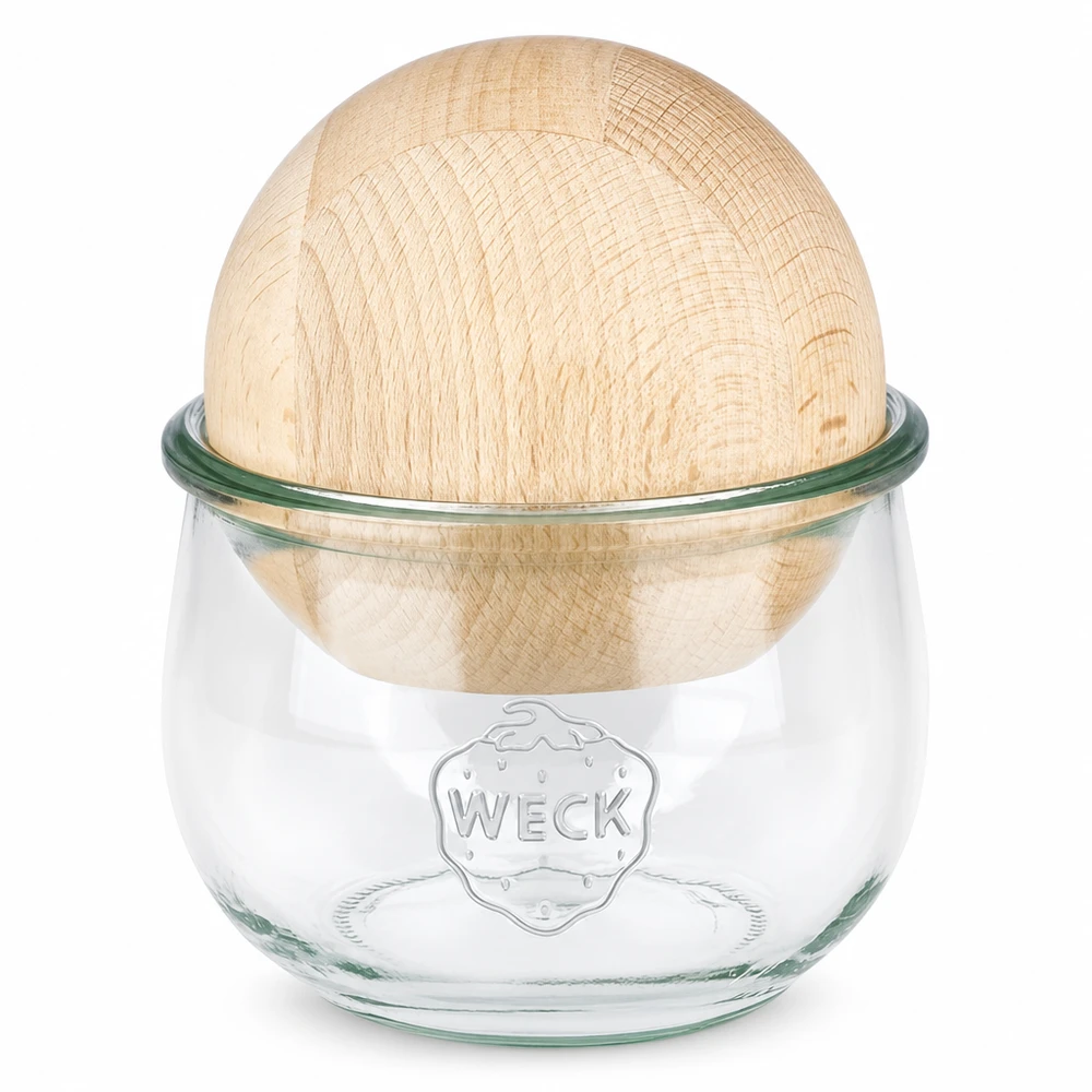 Vaso a tulipano da 580 ml WECK RR100 con sfera in legno di faggio WECK vaso a tulipano 580ml RR100 con palla di legno come coperchio, vaso per conserve con coperchio di legno per cucina e conservazione