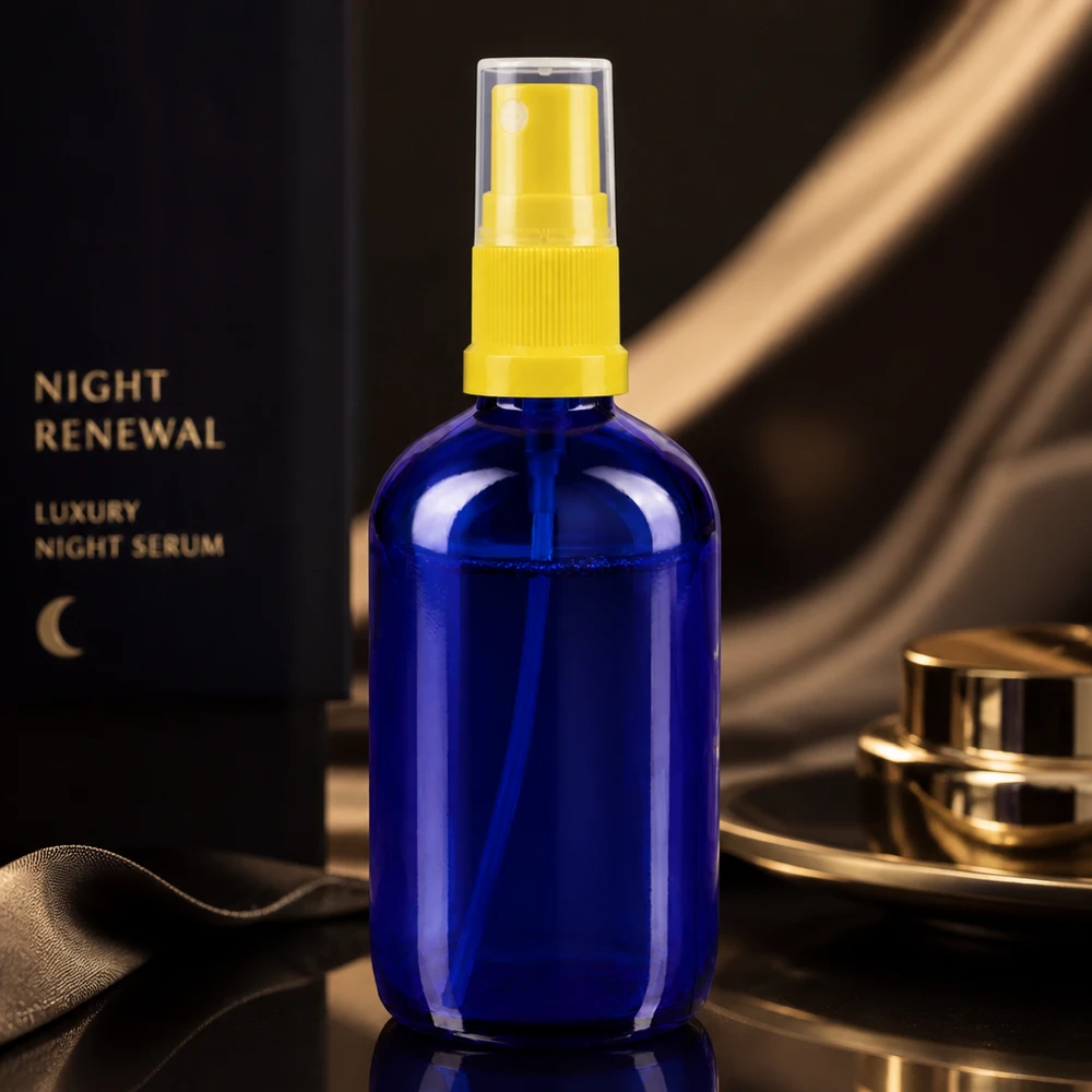 Apothekenflasche blau 100ml Sprayaufsatz gelb Kleine blaue Kosmetiksprayflasche 100ml aus Apothekenglas mit gelbem Pumpaufsatz