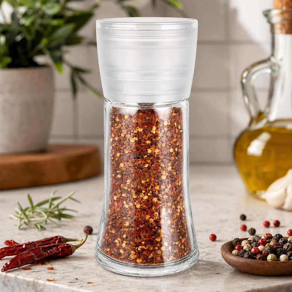 Pot à sel/épices 95 ml avec moulin Vario blanc Nachfüllbares Salz- und Gewürzglas mit Mühle Vario weiss in Küchenumgebung mit Kräutern