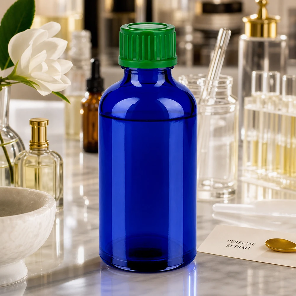 Elegante flacone blu da 50 ml con tappo a vite verde ideale per cosmetici fai da te e prodotti naturali