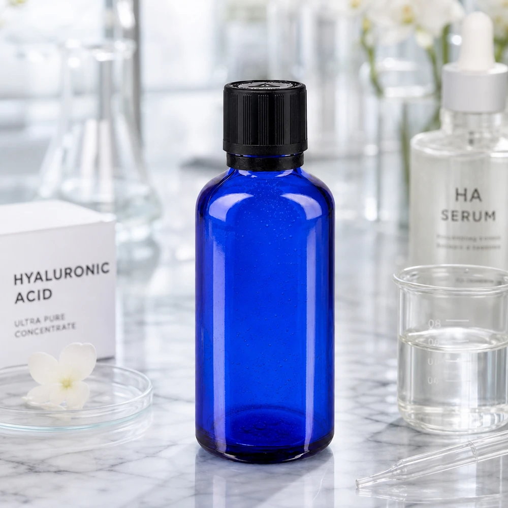 Flacon à pharmacie bleu 50ml bouchon inviolable 1mm noir sécurité enfant adapté aux aveugles bouchon inviolabilité Flacon de pharmacie bleu de 50 ml muni d'un compte-gouttes, présenté à côté de produits à base d'acide hyaluronique dans un décor de laboratoire