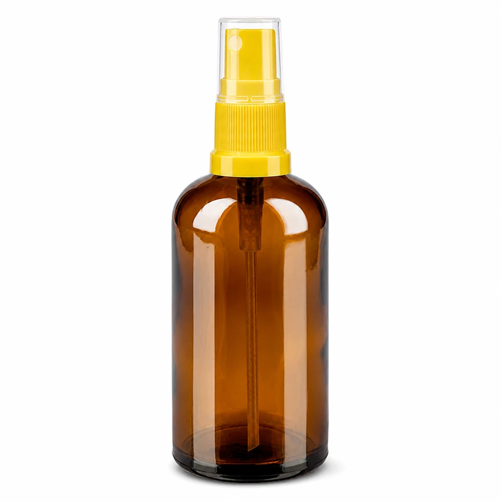 Flacone spray in vetro di alta qualità marrone da 100 ml con testina gialla per la protezione dai raggi UV