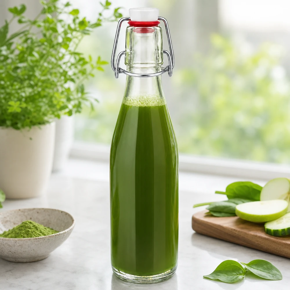 Bottiglia in vetro da 250 ml + tappo oscillante in porcellana UNiTWIST - Acquista qui! 250ml Glasflasche mit Bügelverschluss gefüllt mit grünem Smoothie, dekoriert mit frischen Kräutern und Gemüse