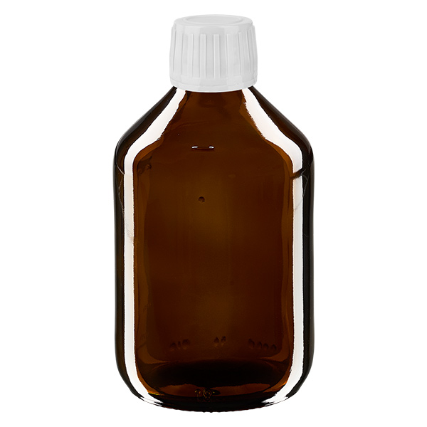 Flacone per medicinali Euro 300. marrone PP28. con tappo a vite bianco Flacone per medicinali Euro 300. marrone PP28. con tappo a vite bianco